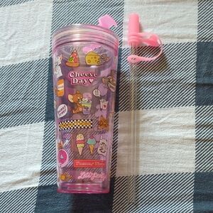 Pink Cartoon Tumbler with Straw